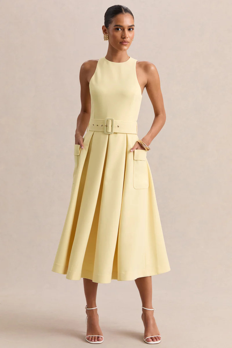 Magnora  Lemon Crew-Neck Belted Midi Dress | Club L London