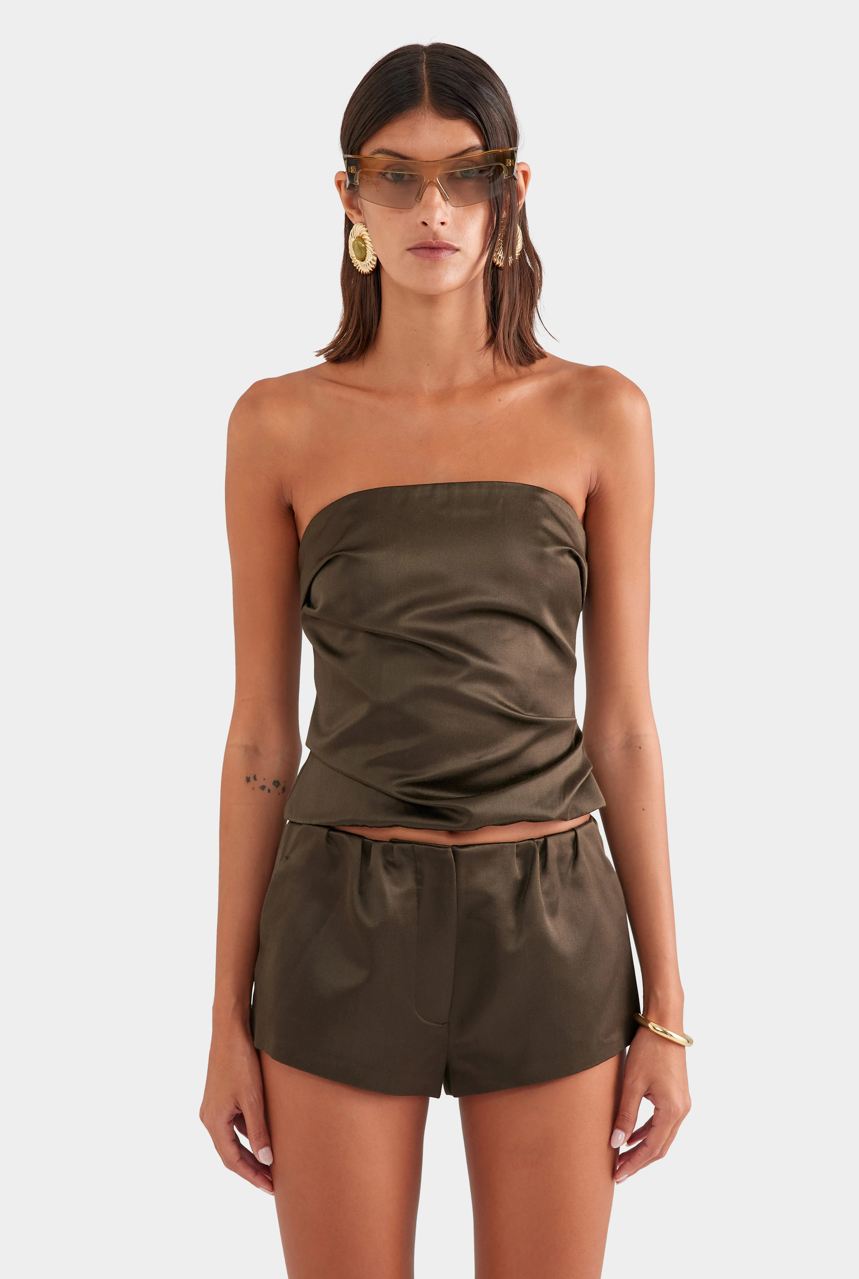 Silk Cotton Strapless Bustier Dark Olive | Venroy | Venroy AU