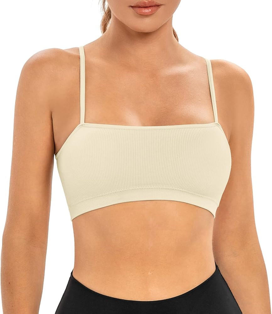 INIBUD Sports Bras for Women Bandeau Padded Ribbed Bralette Adjustable Strap Workout Square Neck ... | Amazon (US)