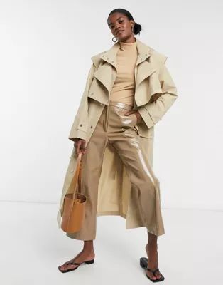 ASOS DESIGN trench coat with double layer detailing in stone | ASOS (Global)
