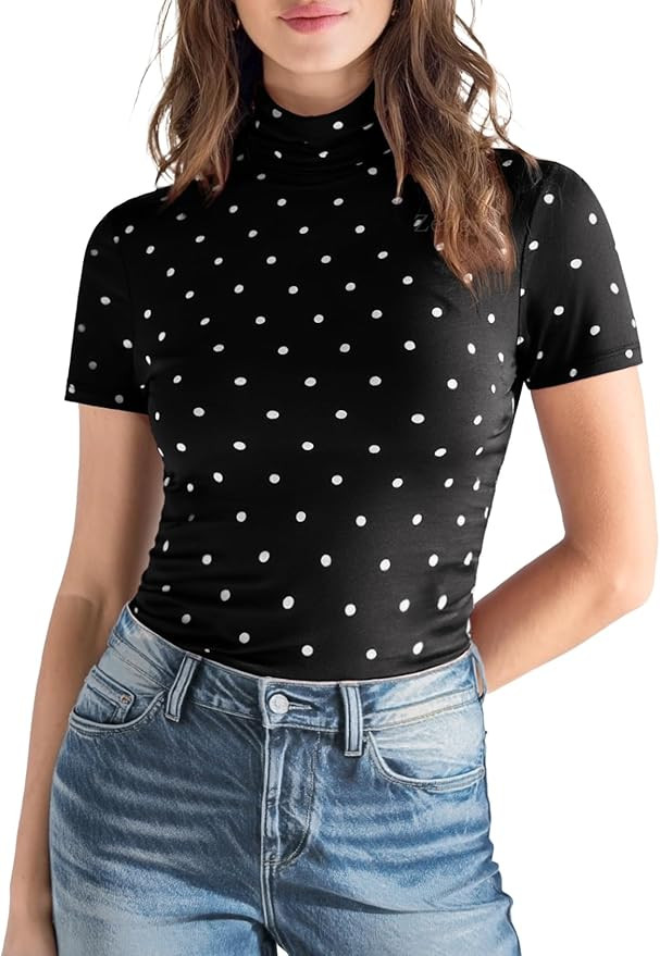 Zengjo Short Sleeve Turtleneck Women Fitted High Neck Polka Dot Top Soft Stretch Layering Shirt | Amazon (US)