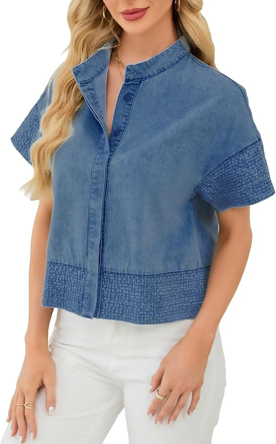 Womens Crop Denim Jacket Short Sleeve Button Down Lightweight Jean Tops Trendy | Amazon (US)
