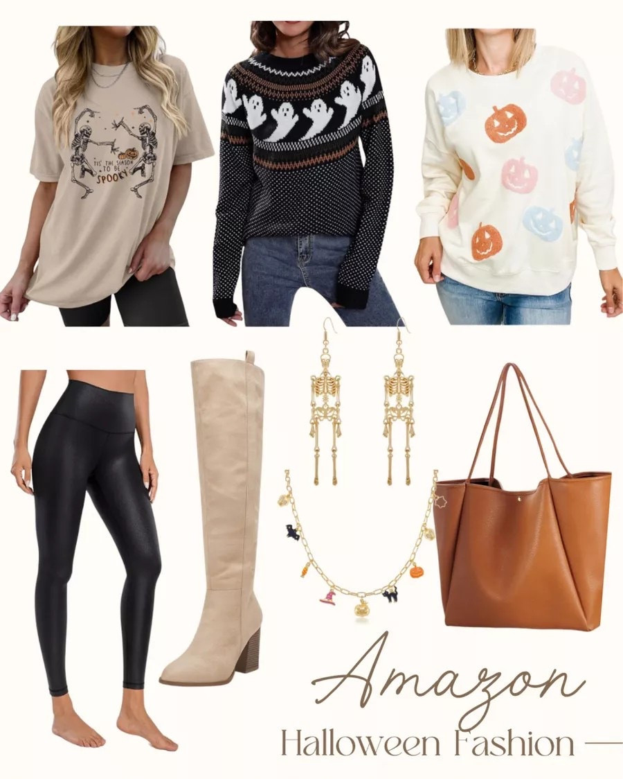 Amazon Halloween Fashion 👻🎃 Amazon, Halloween fashion, found it on Amazon, pumpkin sweater, ghost sweater, skeleton tee, faux leather leggings, tote bag, suede boots, skeleton earrings, charm necklace

 

 #LTKHalloween #LTKHoliday #LTKStyleTip