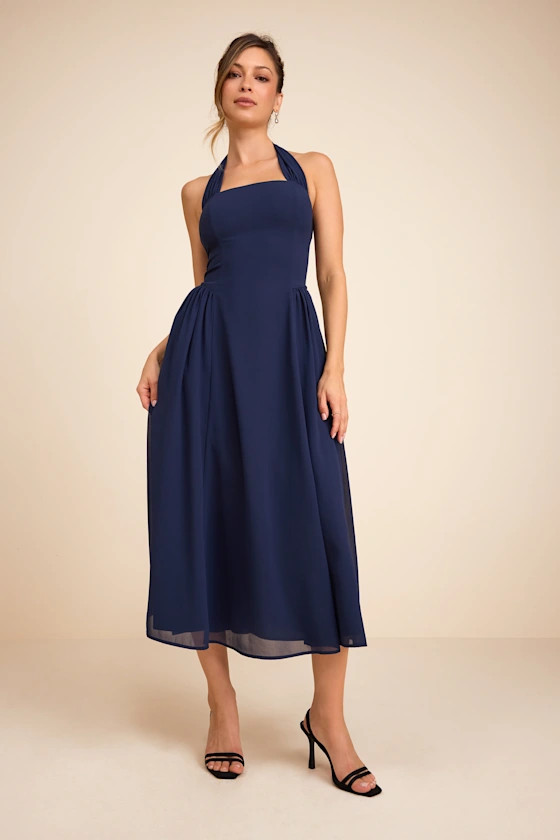 Conway Navy Blue Halter Midi Dress | Lulus