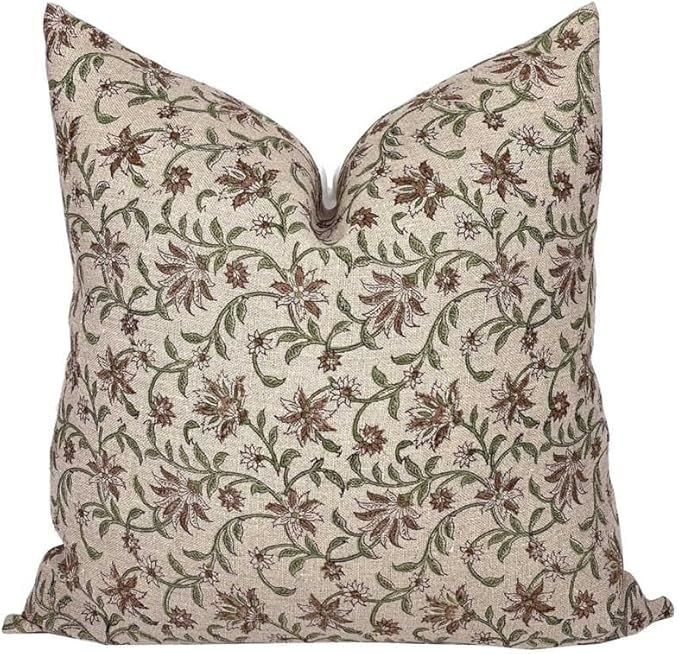 Floral Block Print Pillow Cover in Beige, Green and Maroon for Home Decor, Throw Pillow Case/Cove... | Amazon (US)