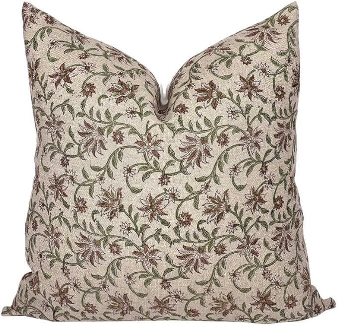 Floral Block Print Pillow Cover in Beige, Green and Maroon for Home Decor, Throw Pillow Case/Cove... | Amazon (US)