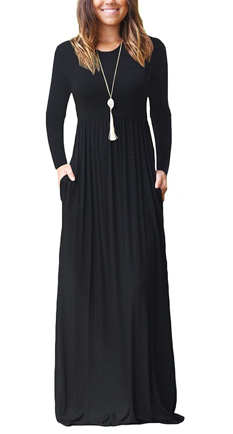AUSELILY Women Long Sleeve Loose Plain Maxi Dresses Casual Long Dresses with Pockets | Amazon (US)