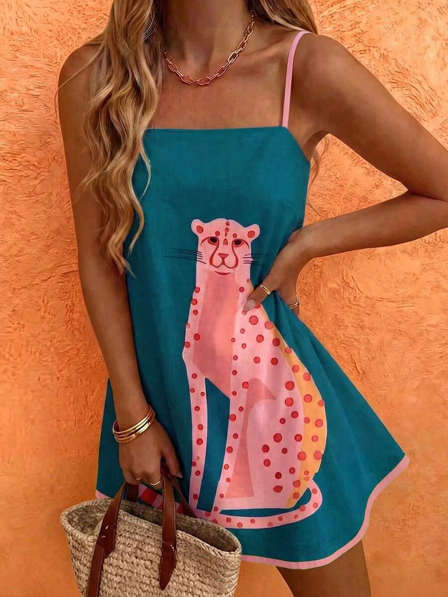 Vaclyn Women's Leopard Print Casual Strap Mini Dress For Vacation | SHEIN