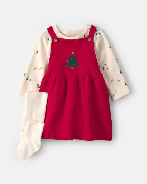 Baby Girl 3-Piece Christmas Tree Long-Sleeve Sweater Dress Set - Red/Cream | Carter's | Carter's Inc