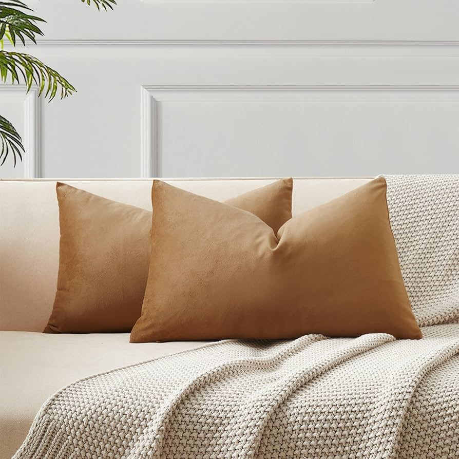 JUSPURBET Light Brown Lumbar Velvet Throw Pillow Covers 12x20 inch Set of 2 for Living Room Couch... | Amazon (US)