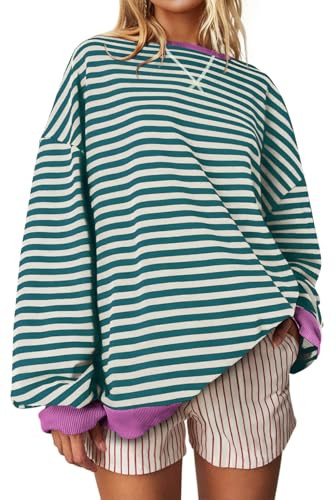 UEU Womens Oversized Long Sleeve Crew Neck Sweatshirts Soft Lightweight Cozy Pullover Tops Malachite Green Striped Large | Amazon (US)