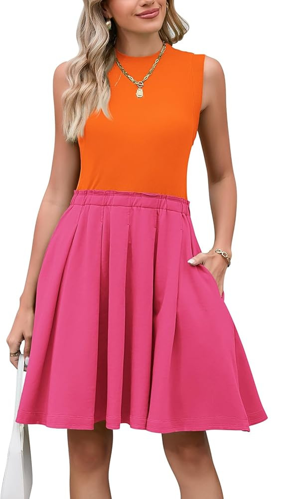 Pink Queen Women's Summer Sleeveless Mini Dress 2024 Crewneck Knit A Line Pleated Swing Casual Ba... | Amazon (US)