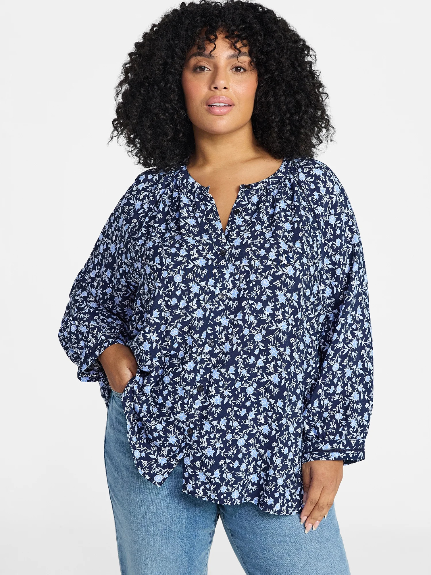 Terra & Sky Women's Plus Size Button Blouse with 3/4-Length Sleeves, Sizes 0X-5X | Walmart (US)