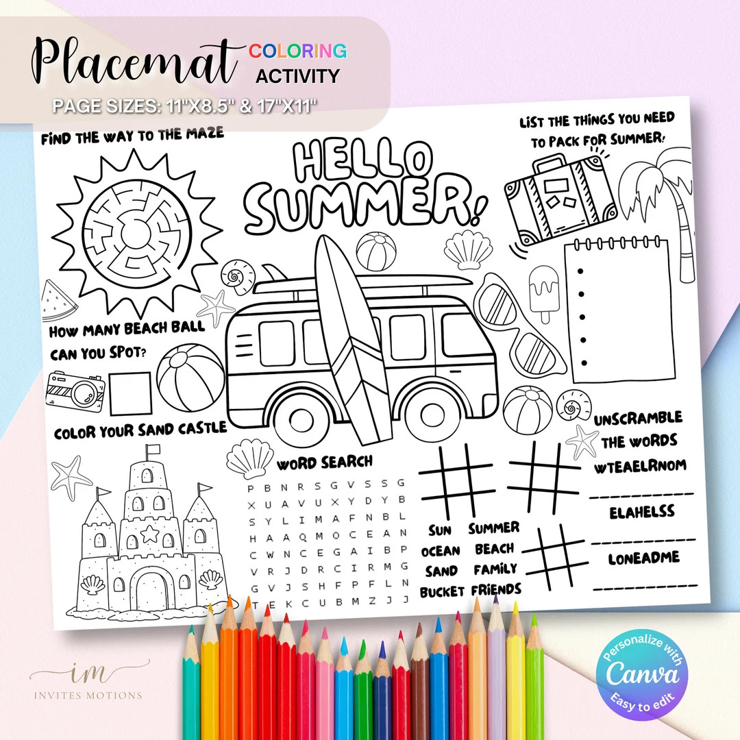 Beach Coloring Placemat, Summer Coloring Sheet, Pool Birthday Placemat, Pool Coloring Placemat, B... | Etsy (US)