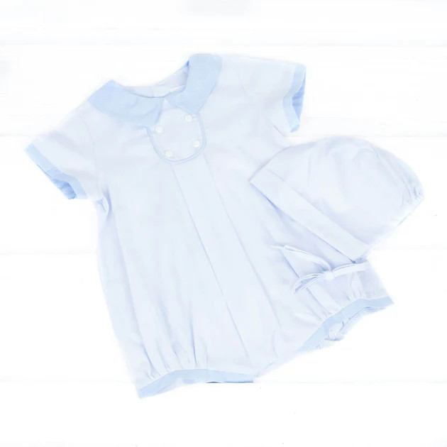 Collared Blue Boy Bubble with Bonnet | Classic Whimsy