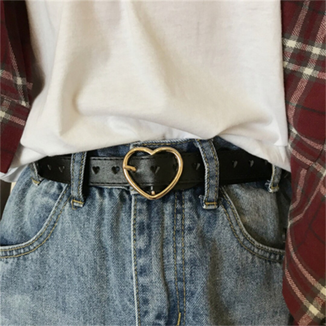Heart Shaped Buckle Belt, 2.3 Cm Width Belt, Fashion Belts for Women, Black Leather Belt With Buc... | Etsy (US)