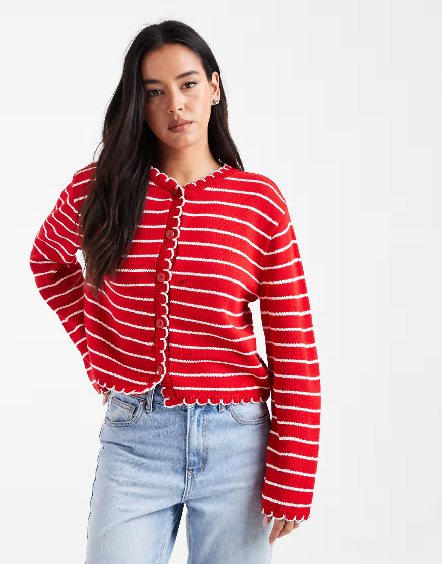 Miss Selfridge striped blanket stitch cardigan in red | ASOS (Global)