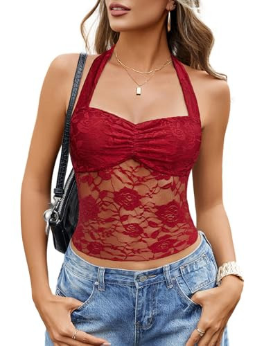 Avidlove Lace Tops for Women Going Out Tank Cute Halter Y2K Crop Trendy Summer Clothes for Women 2026 Wine Red | Amazon (US)