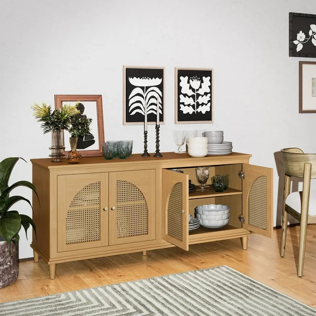 Beautiful Drew Rattan 4-Door Buffet by Drew Barrymore, Warm Honey Finish - Walmart.com | Walmart (US)