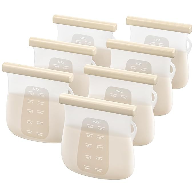 7 PCS Reusable Breast Milk Storage Bags, 8.5oz 250ml LFGB Standard Silicone Breastmilk Freezer St... | Amazon (US)