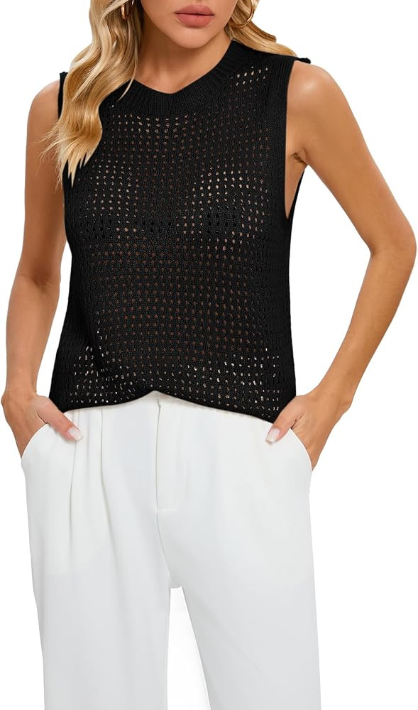 Famulily Mesh Crochet Tank Top for Women Sexy Sleeveless Crew Neck Knit Tops Hollow Out Loose Shi... | Amazon (CA)