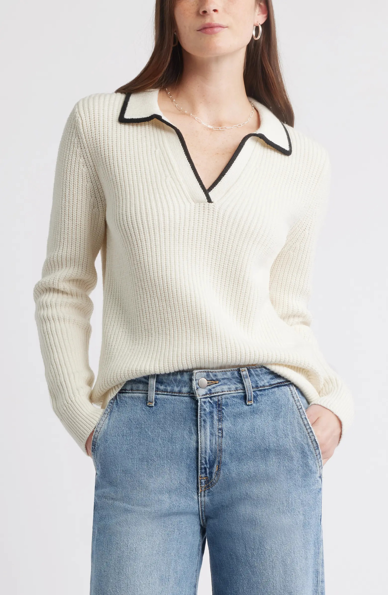 Caslon® Johnny Collar Cotton & Wool Sweater | Nordstrom | Nordstrom