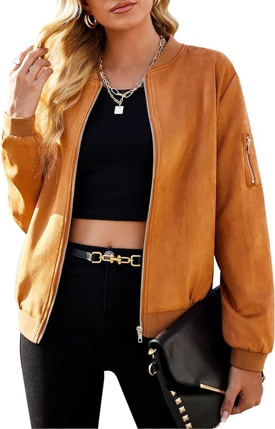 Zeagoo Women's Faux Suede Jacket Casual Zip Up Bomber Coat Moto Biker Jacket with Pockets | Amazon (US)