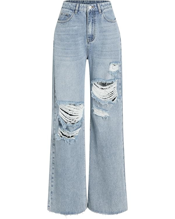 CIDER Women’s Ripped Jeans High Waisted Distressed Baggy Straight Wide Leg Pants | Amazon (US)