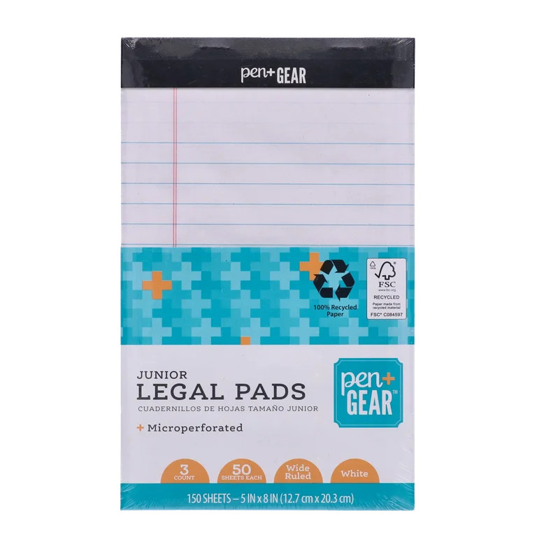 Pen + Gear Jr. Legal Pads, White Color Paper, 50 Sheets, 3 Count - Walmart.com | Walmart (US)