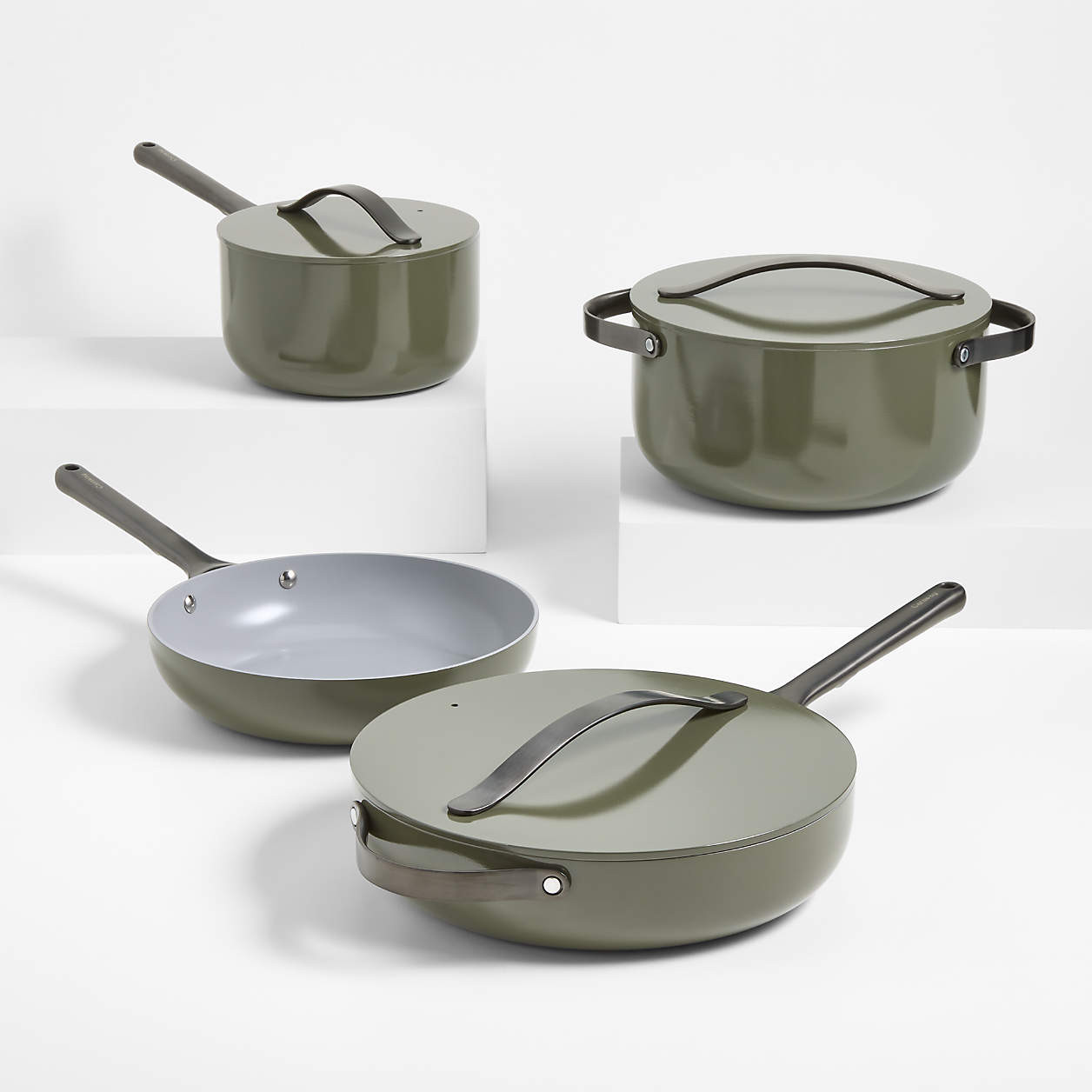 Caraway Olive Green Ceramic Non-Stick 12-Piece Cookware Set with Gunmetal Hardware + Reviews | Cr... | Crate & Barrel