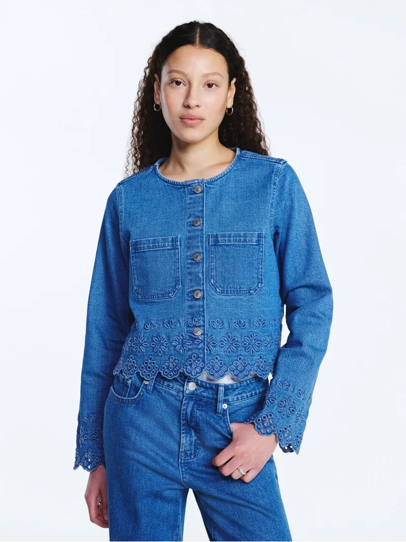 Free Assembly Women's and Women's Plus Embroidered Eyelet Denim Jacket, Sizes XS-4X | Walmart (US)