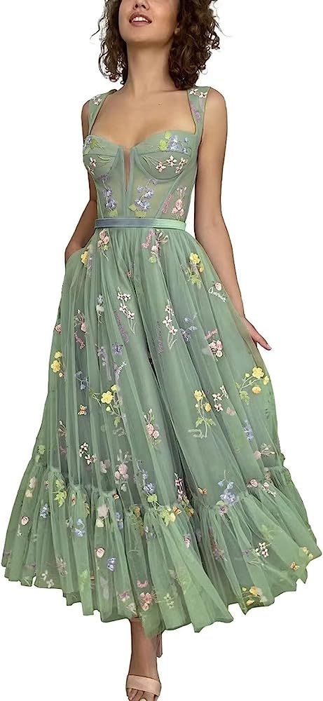 Basgute Women's Flower Embroidery Tulle Prom Dresses Corset Long Spaghetti Strap Fairy Ruched For... | Amazon (US)