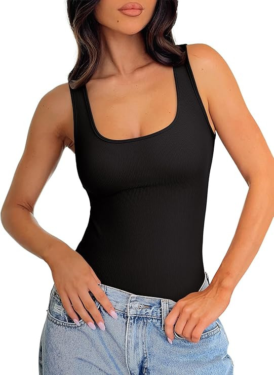 REORIA Body Suits Tank Top for Women Scoop Neck Sleeveless Ribbed Vest Tops Basic Slimming Thong ... | Amazon (US)