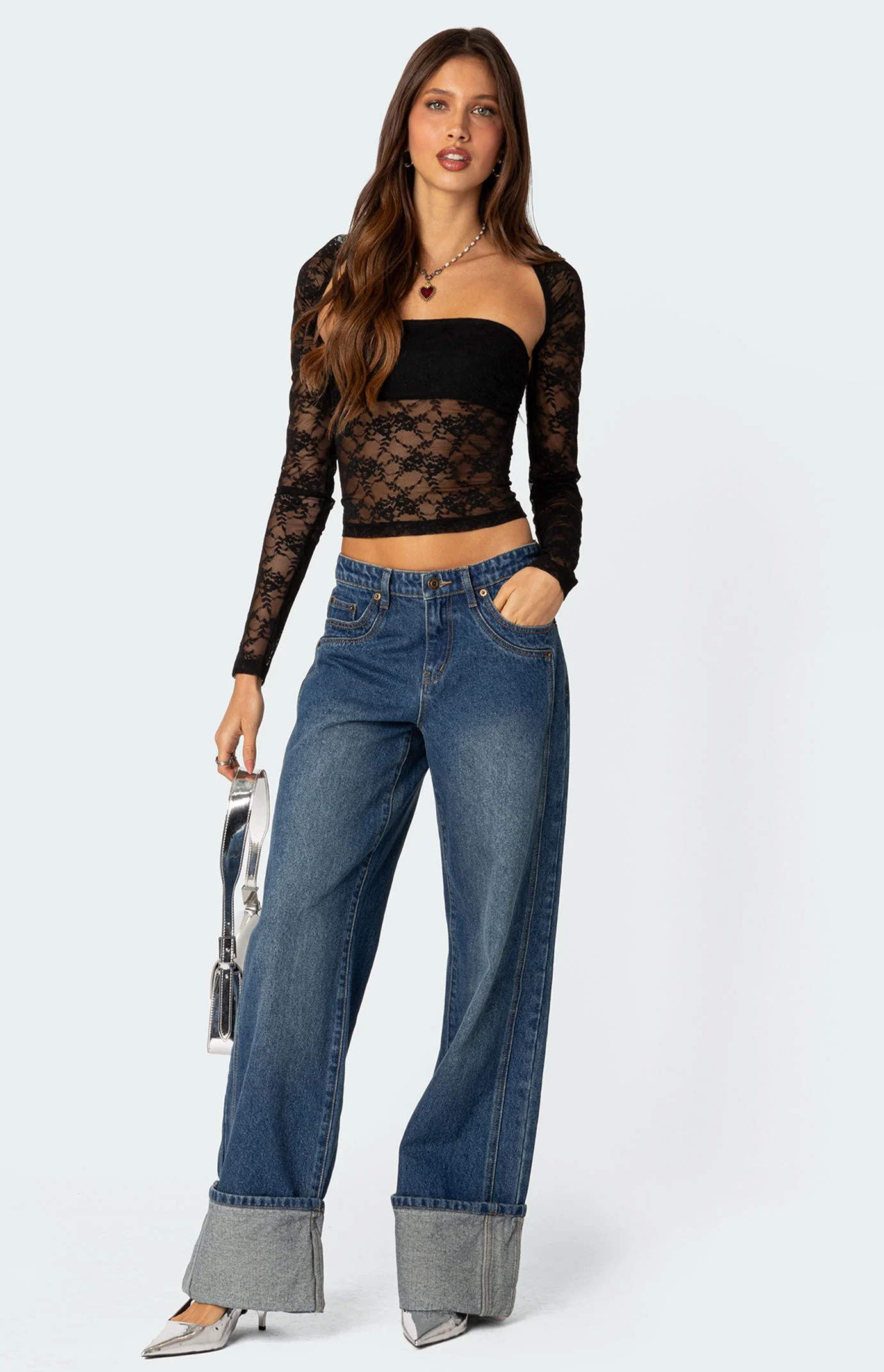 Edikted Women's Addison Sheer Lace Two Piece Top in Black - Size Medium | PacSun