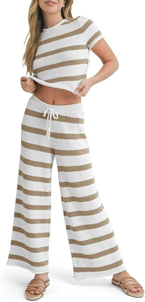 Imily Bela Womens 2 Piece Striped Knit Sets Summer Short Sleeve Crop Top Wide Leg Pants Lounge Se... | Amazon (US)