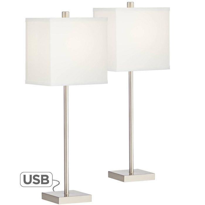 360 Lighting Modern Table Lamps Set of 2 with USB Charging Ports Brushed Nickel White Square Shad... | Target