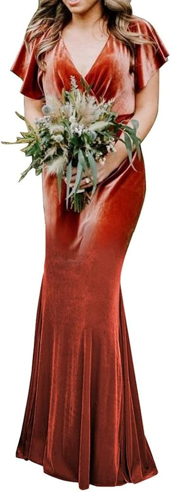 Flutter Sleeve Velvet Bridesmaids Dresses V Neck Women Wedding Long Bridesmaid Dresses for Fall | Amazon (US)