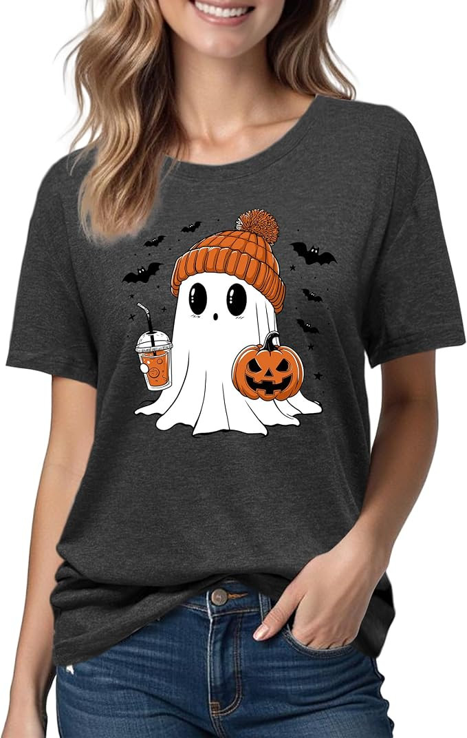 Halloween Shirts for Women: Pumpkin Ghost Short Sleeve Costume T-Shirt | Amazon (US)