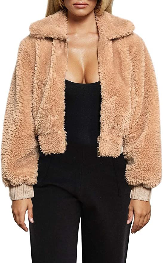 FANCYINN Womens Teddy Cropped Faux Fur Jacket Furry Lapel Coat Zip Up with Pockets Warm Winter | Amazon (US)
