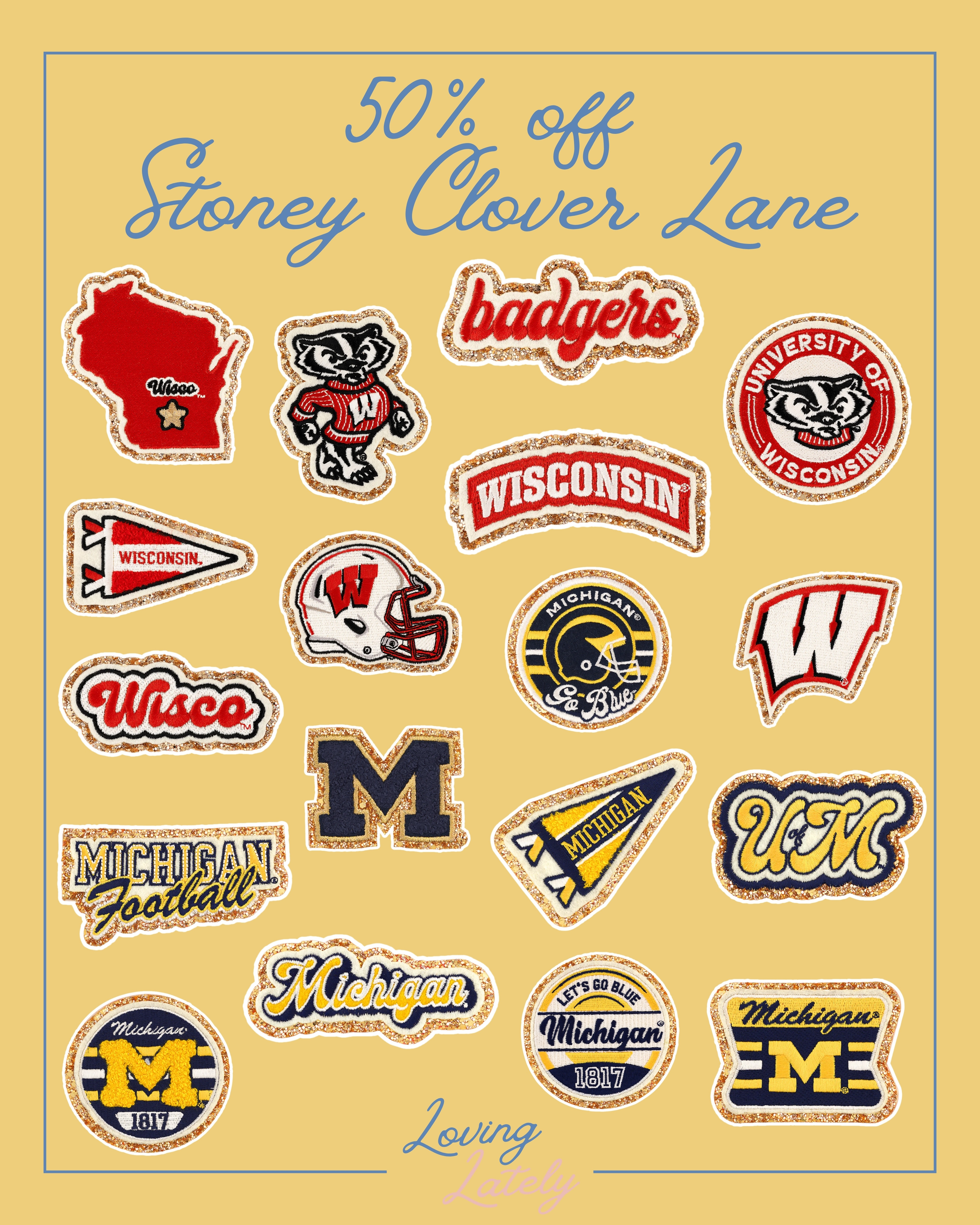 50% off Stoney Clover Lane collegiate patches! Perfect for game day looks and football season! 

Wisconsin | University of Wisconsin | Badgers | Wisco | Michigan | University of Michigan  

 #LTKSaleAlert #LTKFindsUnder50