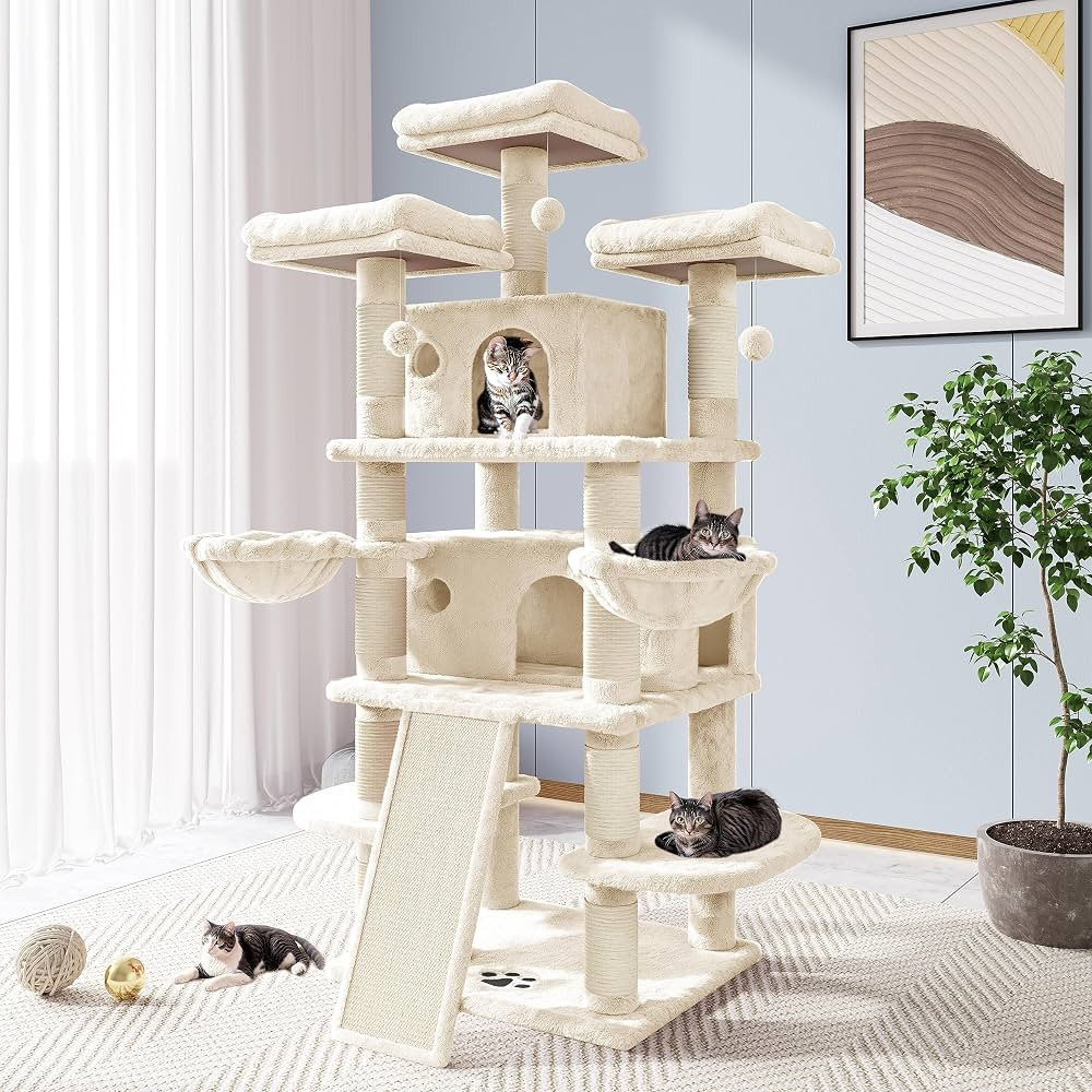 Allewie 68 Inches Cat Tree/Cat Tree House and Towers for Large Cat/Cat Climbing Tree with Cat Condo/Cat Tree Scratching Post/Multi-Level Large Cat Tree/Beige | Amazon (US)
