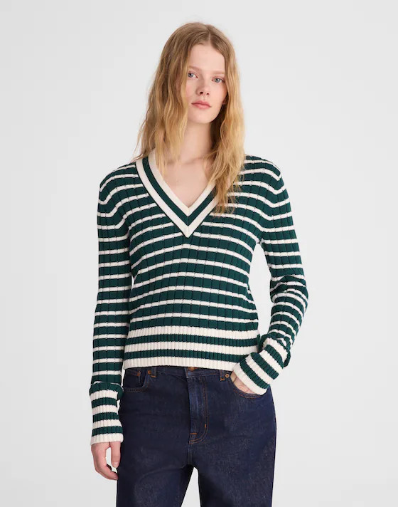 Striped Shrunken V-Neck Varsity Sweater | Madewell
