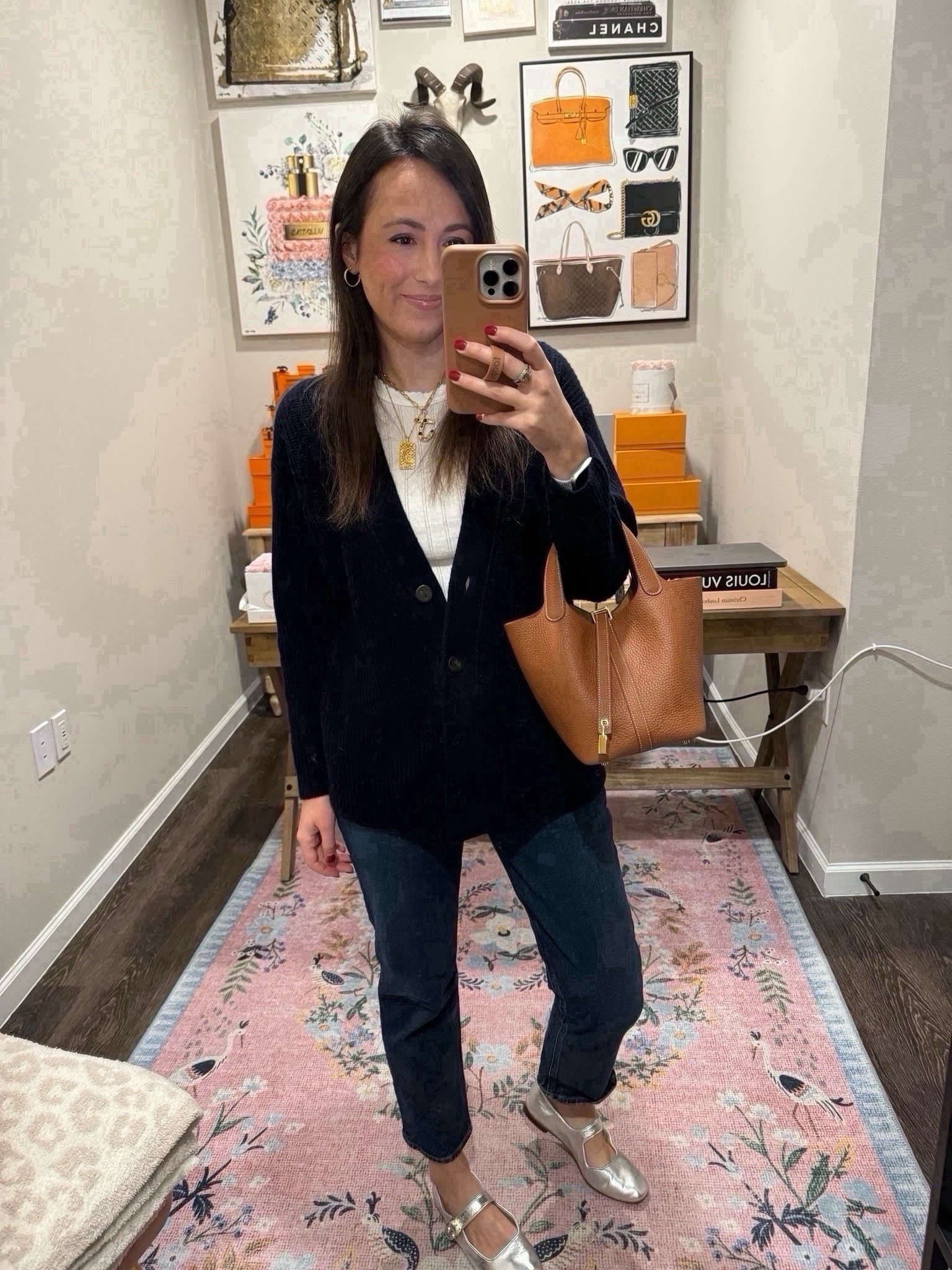 Vince navy cashmere cardigan (xs), leset tee (small), agolde jeans (25), silver metallic ballet flats (tts), sequin necklaces 
 


#LTKStyleTip #LTKSeasonal #LTKFindsUnder100