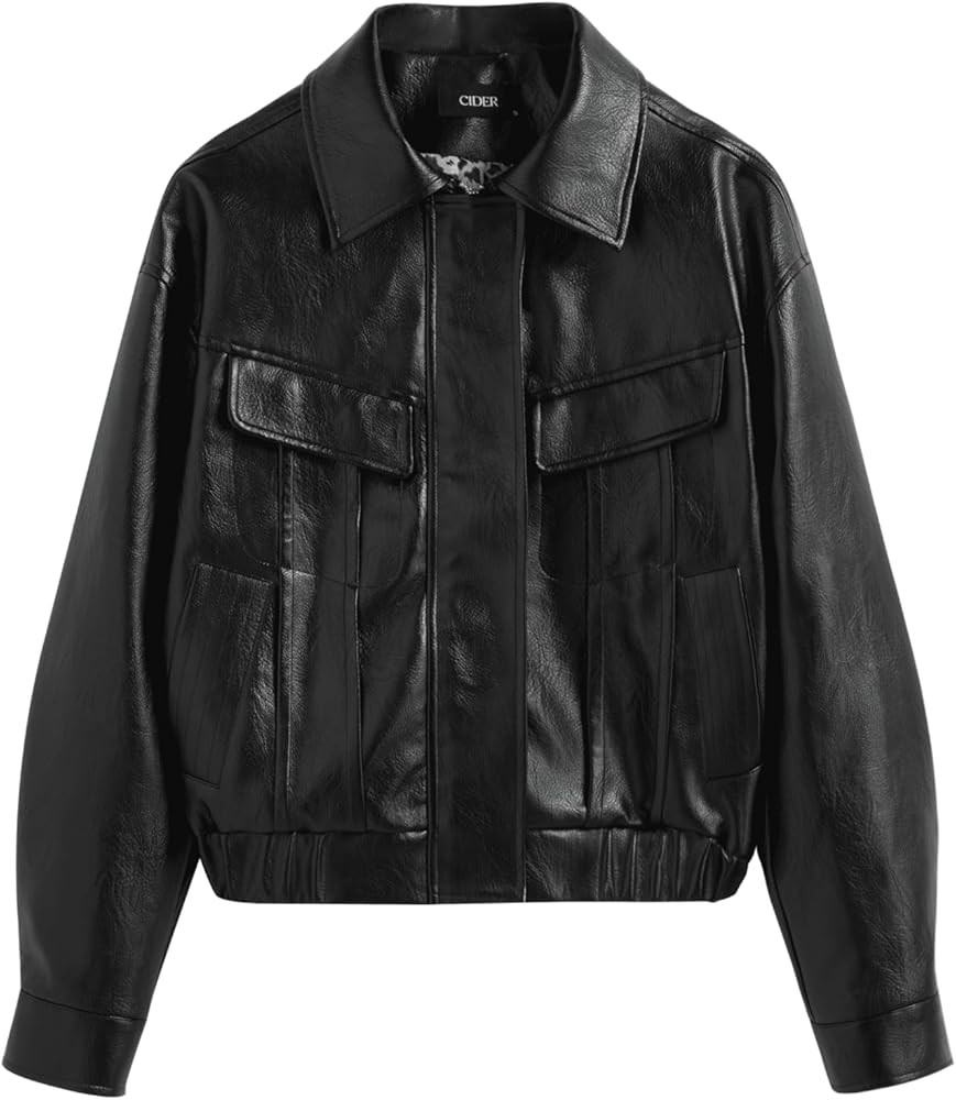 CIDER Faux Leather Collar Soild Pocket Jacket Women's Faux Leather Jacket Cool Long Sleeve Outerw... | Amazon (US)
