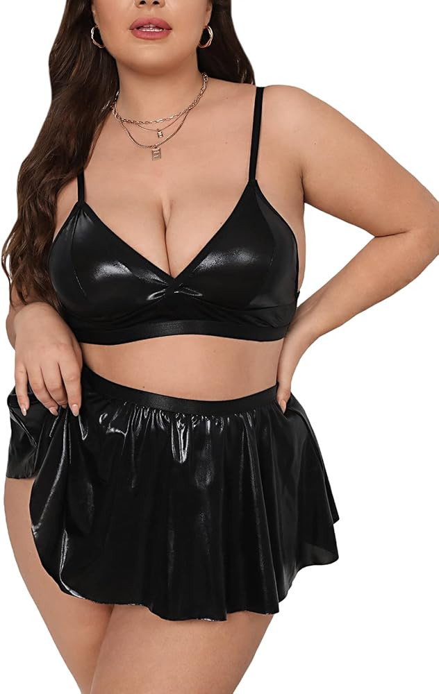 OYOANGLE Women's Plus Size PU Leather Babydoll Lingerie Set Bralettes Bra and Mini Skirt | Amazon (US)