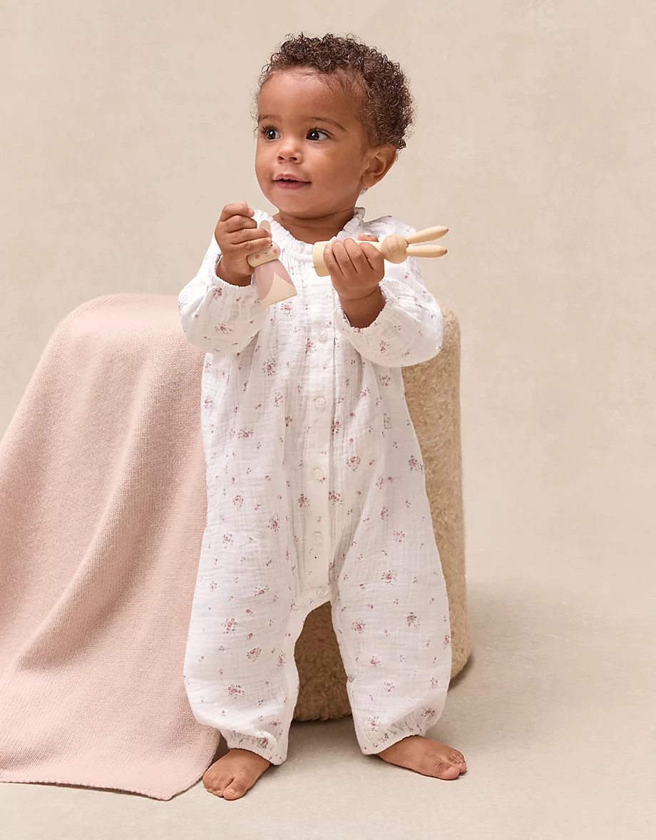 Double Cotton Minnie Floral Print Romper (0–24mths) | The White Company UK & ROW