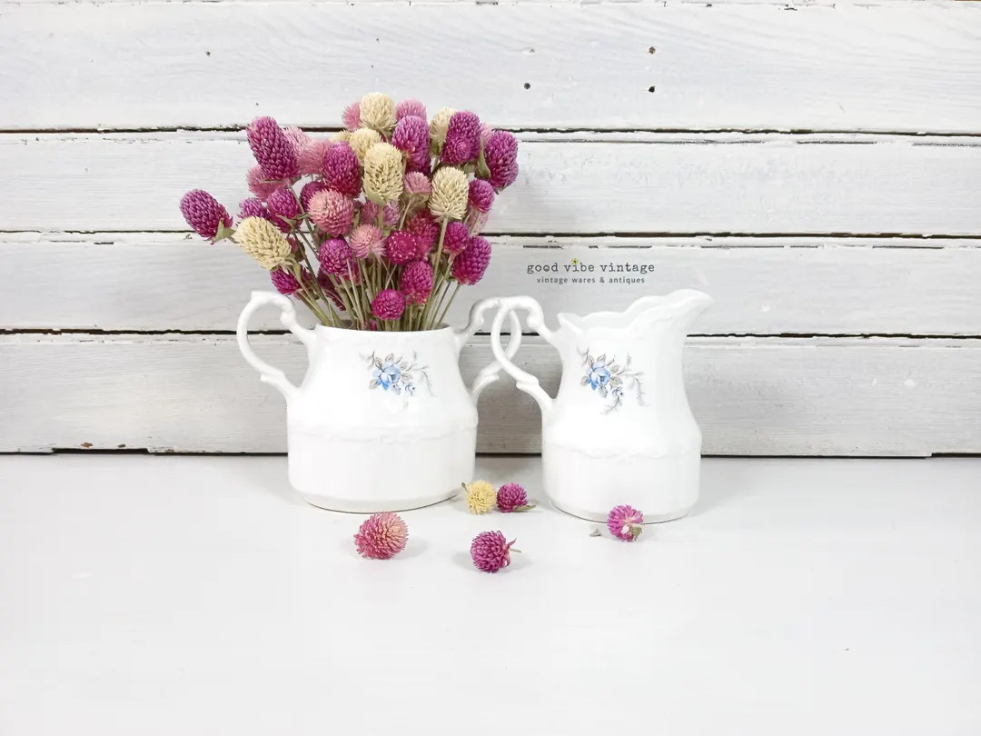 Vintage Sterling J&G Meakin English Ironstone Creamer and Sugar Bowl Set, Blue Roses Design | Etsy (US)