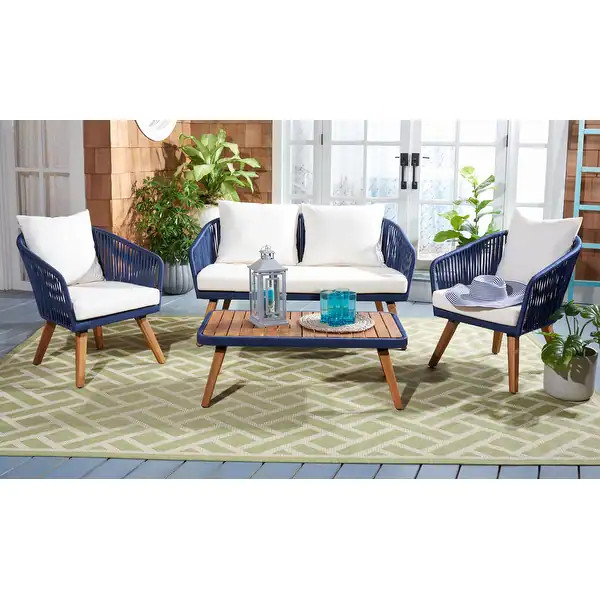 SAFAVIEH Outdoor Ransin 4 piece Coastal Patio Chat Set - Navy/ Beige | Bed Bath & Beyond