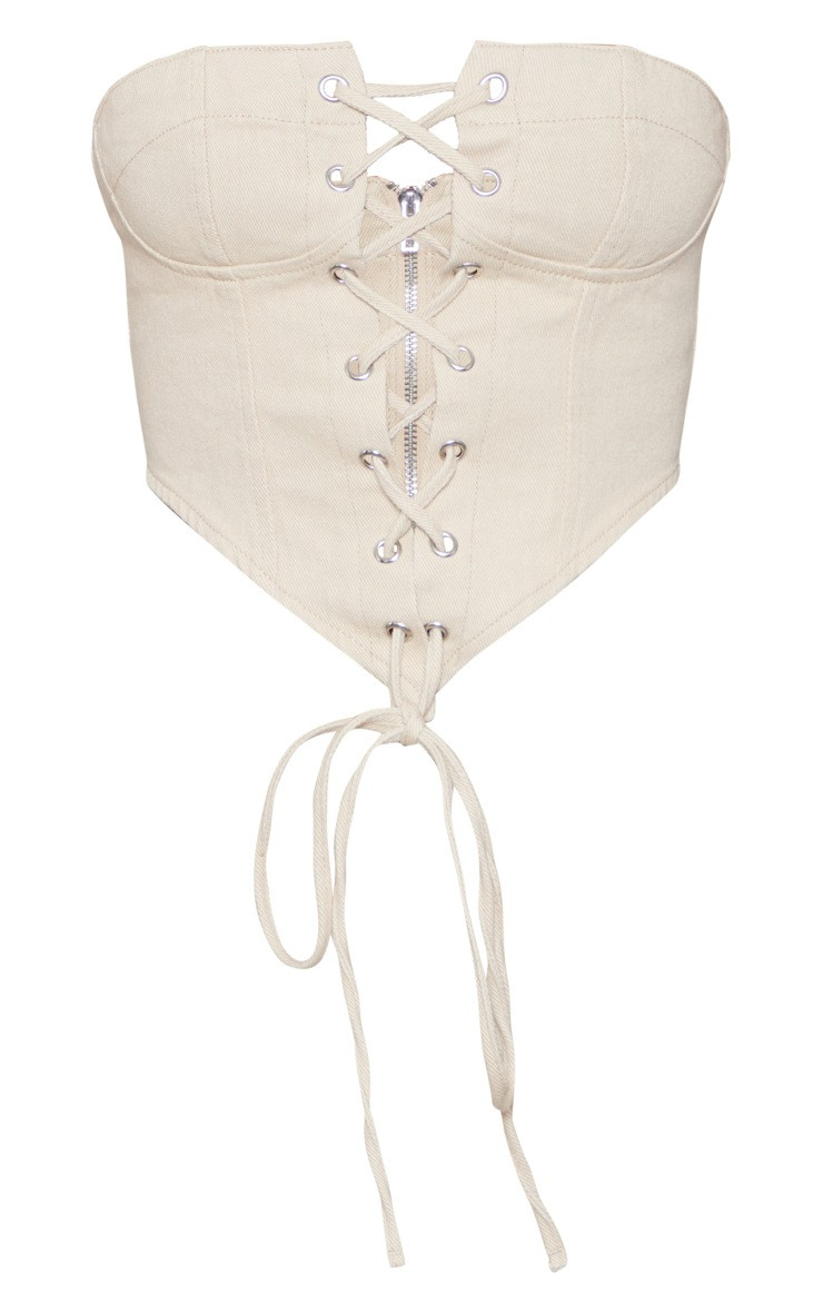 Washed Stone Cup Detail Lace Front Corset Denim Top | PrettyLittleThing US