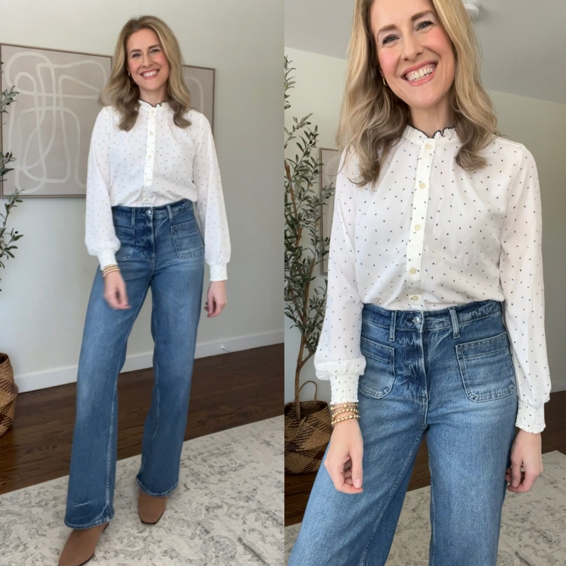Walmart $19.99 ruffle button down blouse with long sleeves, fits true to size, I’m a small. Easy to tuck, a little sheer, great for work. #walmartfashion 